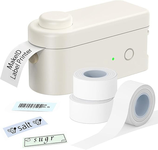 Makeid Label Maker Bundle Includes 3 White Label Tapes, Compatible with 9~16mm Waterproof Tape, Rechargeable Label Printer Multiple Templates Available Labeler for Office Home Kitchen Organization
