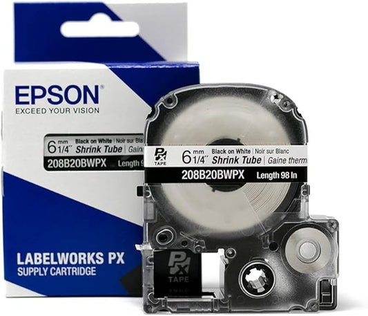 Epson LABELWORKS 208B20BWPX Genuine Tape Cartridge - Black on White Shrink Tube Industrial Label Maker Tape - AWG 6-18, 1/4" (6MM) Wide, 8 ft (98")