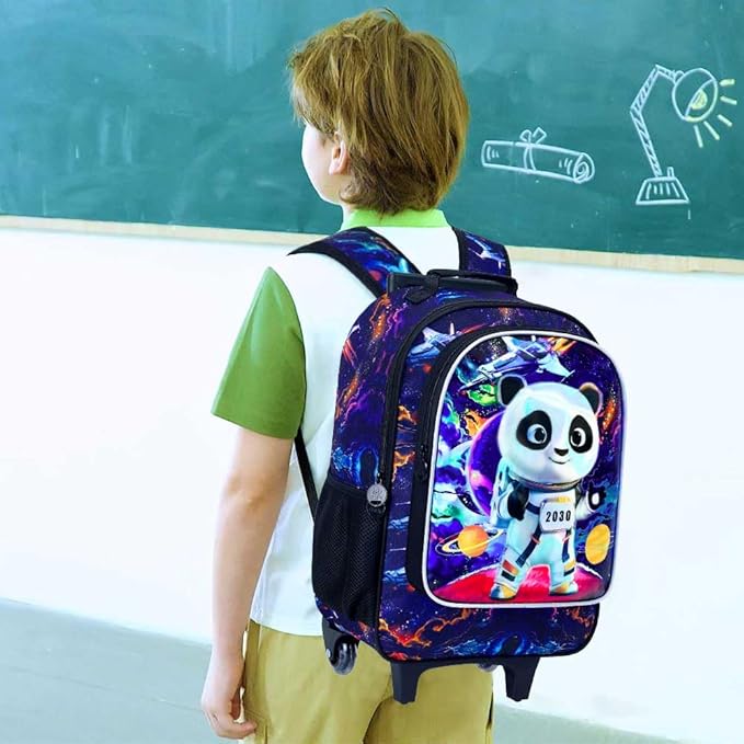 3Pcs Panda Rolling Backpack for Boys, Kids School Backpacks with Wheels, Roller Bookbag with Lunch Box for Elementary Preschool(Black)