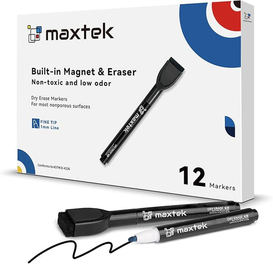 maxtek Magnetic Black Dry Erase Markers, 12 Count Fine Tip Whiteboard Markers with Eraser, Thin Markers Low Odor for Classroom, Office, Home