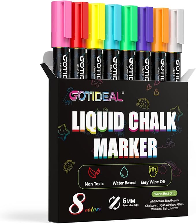 GOTIDEAL Chalk Markers, 8 Colors Liquid Chalk Markers for Blackboard Chalkboard Calendar Glass Neon Pens, Washable Window markers Paint and Drawing for Car, Auto, Bistro,Mirror Wet Erase Chisel Tip
