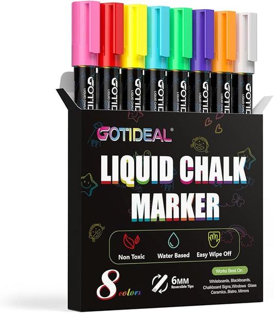 GOTIDEAL Chalk Markers, 8 Colors Liquid Chalk Markers for Blackboard Chalkboard Calendar Glass Neon Pens, Washable Window markers Paint and Drawing for Car, Auto, Bistro,Mirror Wet Erase Chisel Tip