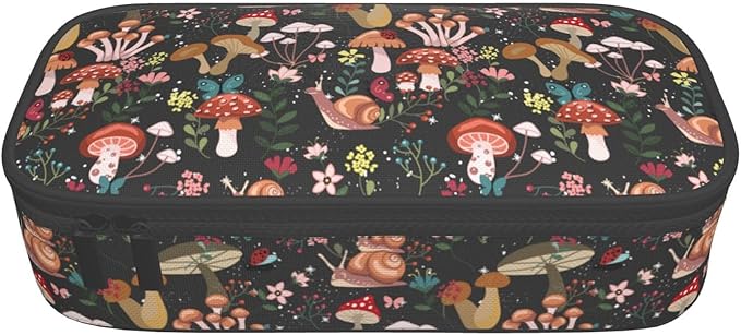 Mushrooms Snails Butterflies Large Pencil Case With Zipper Compartments Stationery Pencil Bag For Kids Teens Students School Supplies