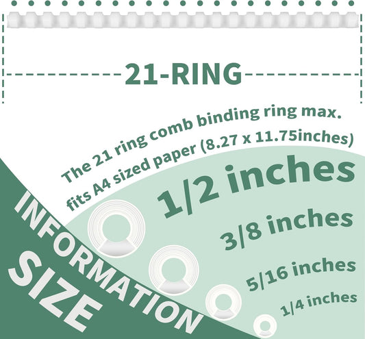 Plastic Binding Combs, Mixed Size, 21rings, 1/4in, 5/16in, 3/8in, 1/2in, Binding Capacity 20-90 Sheets, Max. Binding A4 Size Paper, White, Pack of 100