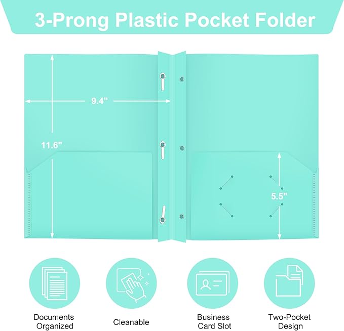ViVin 12-Pack Pastel Color Folders, Durale Plastic Folders with Pockets and Prongs, 2 Pocket Letter Size Poly File Folders with 3-Prong Fasteners, Cute Folders for School, Home and Office(Light Green)