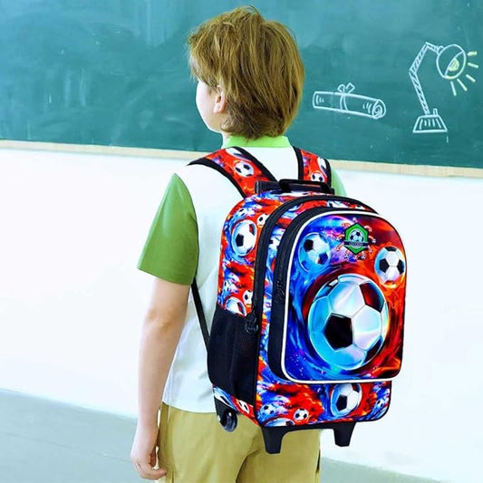 3Pcs Soccer Rolling Backpack for Boys, Kids School Backpacks with Wheels, Roller Bookbag with Lunch Box for Elementary Preschool(Ice and Fire)