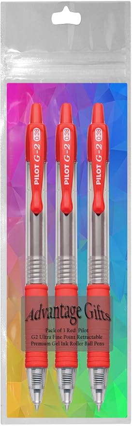 G2 Retractable Premium Gel Ink Roller Ball Pens Ultra Fine Point (.38mm) Red Ink 3 pack; Refillable & Premium Comfort Grip Bundle with Plastic Reusable Pouch