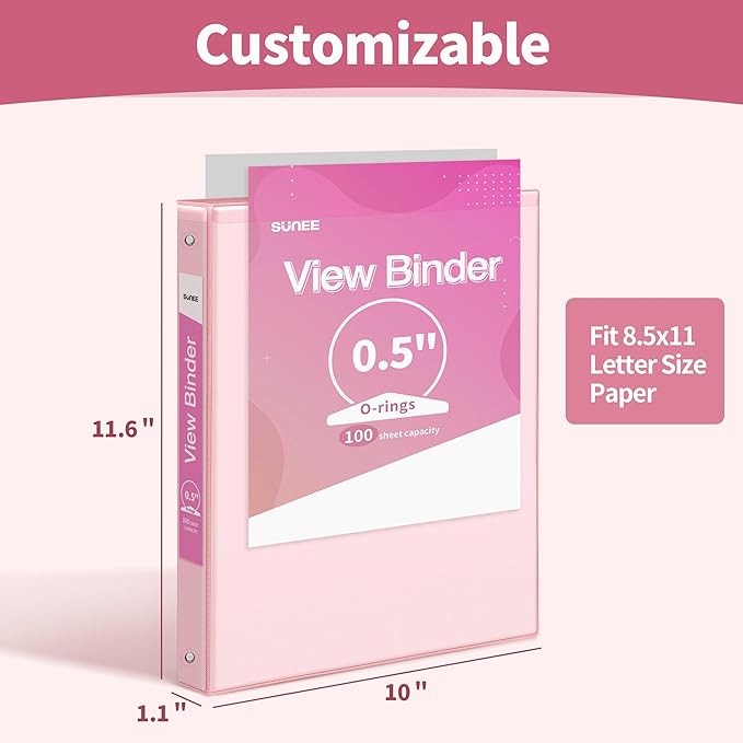 SUNEE 1/2 Inch Binders 3 Ring 6 Pack, 3 Ring Binders Clear View PVC-Free Bulk (Fit 8.5x11 Inches) for School or Office Supplies, Pastel Binder
