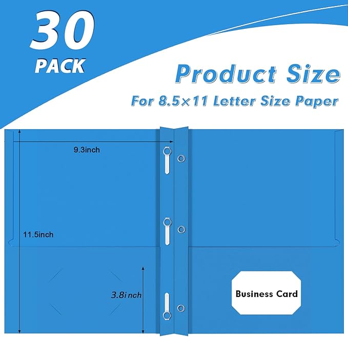 PANDRI Two Pocket Folders, 30 Pack with Prongs, Letter Size, Lightblue