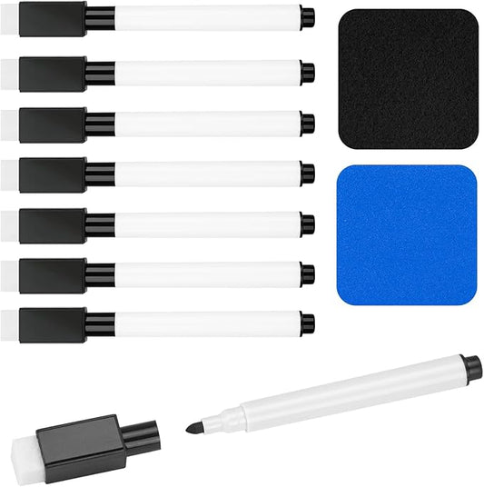 8 Pcs Black Magnetic Dry Erase Markers with Eraser, White Board Mini Dry Erase Markers with Eraser Cap, Fine Point Tip Student White Board Markers for Teachers Office School Supplies