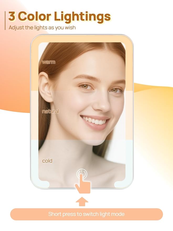 OMIRO Lighted Travel Makeup Mirror, 8 x 5 inches Desk Mirror with Foldable Stand and 3 Lighting Modes for Shaving and Travelling, White