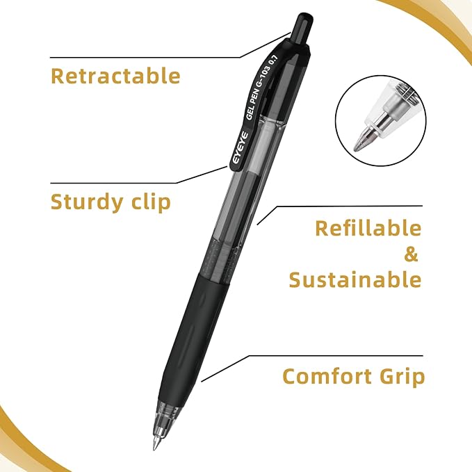 EYEYE G-103 Retractable Gel Pens Black 0.7mm, 25 Pack Medium Point Gel Ink Pens Quick Drying, 0.7 mm Fine Piont Ballpoint Pen Smooth Writing for Office School Supplies