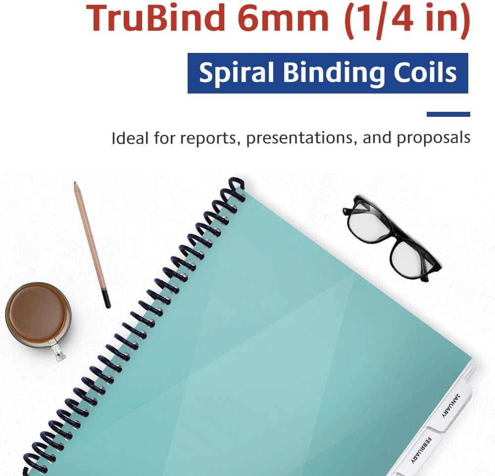 TruBind 6mm (1/4 in.) Spiral Binding Coils for Reports, Presentations and Proposals | 4:1 Pitch | 12 in. Length | Black | 30 Sheets Binding Capacity | 100 Pack