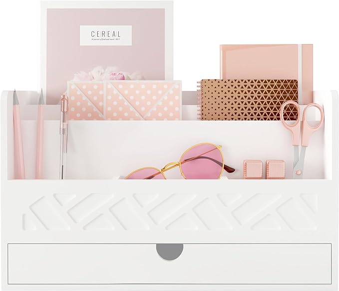 Wisuce Bamboo Mail Organizer Countertop Desktop with Drawer - Desk Organizer with File Organizer for Office Supplies All-in-One Desk File Organizer with Pencil Holder for Paper Letter Envelope Bill