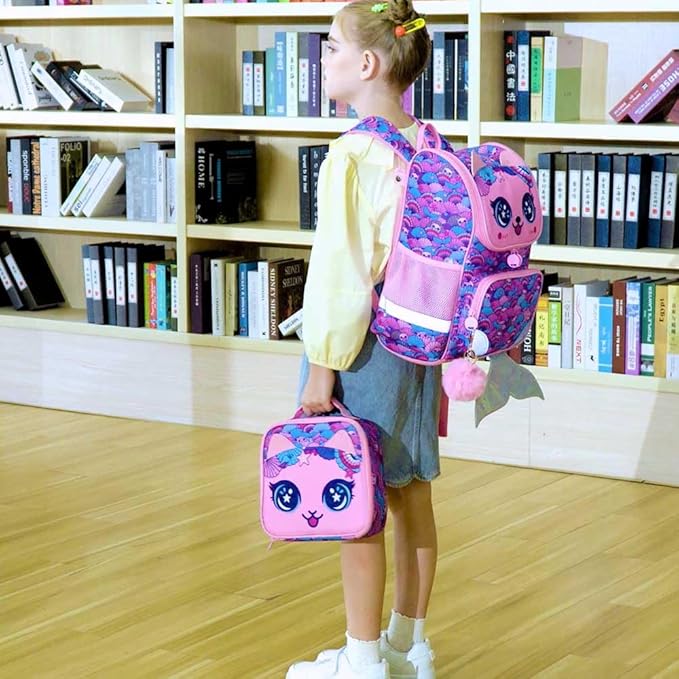 UFNDC 3PCS Girls Bookbag, 15" Sequin Bookbag with Lunch Box, Mermaid School Bag Set for Elementary Preschool Toddler