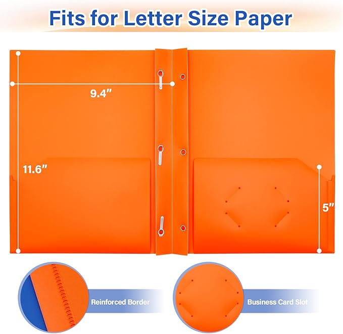 ViVin 12-Pack Sturdy Plastic Folders with Pockets and Prongs, 2 Pocket Folder with 3 Prongs, fits 8.5 * 11 Letter Size Paper, for School, Office and Home (Orange)