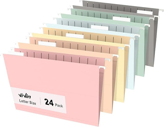 ViVin Hanging File Folders, 1/5-Cut Adjustable Tabs with 24 Per Box, 24 Pack Letter Size Hanging File Folders, Designed for Office Home School Filing Cabinet(Assorted)