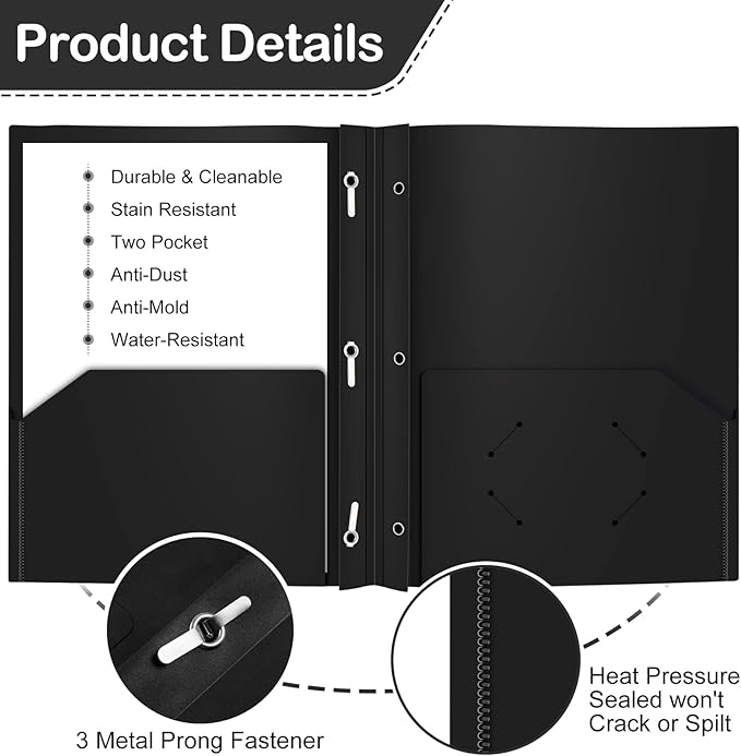 ViVin 12-Pack Sturdy Plastic Folders with Pockets and Prongs, 2 Pocket Folder with 3-Prong Fasteners, Holds 8-1/2" x 11" Letter Size Paper, for School,Office and Home Use (Black)