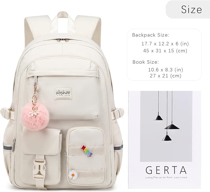 abshoo Big Student Laptop Backpack For College Women Middle High School Teen Girls Bookbag Travel Daypack (Beige)