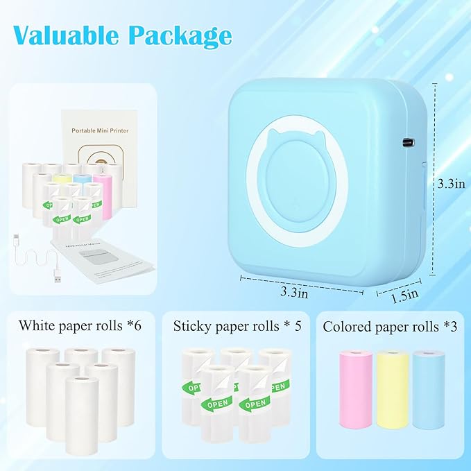 Mini Thermal Inkless Sticker Printer with 14 Rolls Paper, Compatible with iPhone/Android Phone/Tablet, Mini Pocket Printer for Photos/Stickers/Labels/Notes, Blue