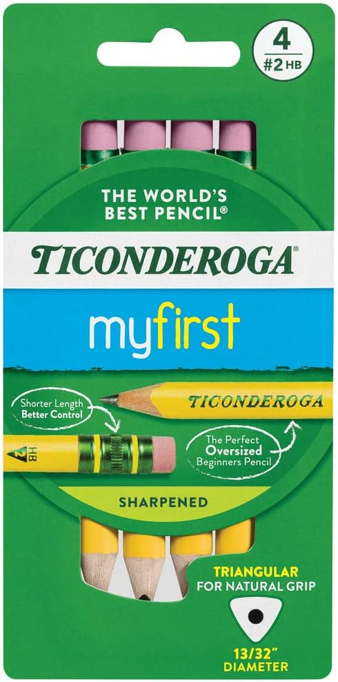 Ticonderoga My First Short Triangular Wood-Cased Pencils, #2 HB Soft, With Erasers, Yellow, 4 Count