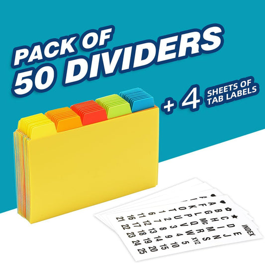 Chell 3x5 Plastic Index Card Dividers, Heavyweight Poly Index Card Guides A-Z for Flash Cards and Recipe Cards, with Alphabetical/Blank Stickers, Pack of 50
