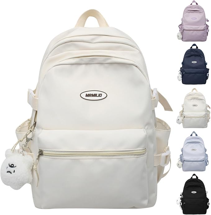 Kawaii Backpack with Cute Accessories Casual Aesthetic Daypack Simple Laptop Bag Waterproof Travel Rucksack for Women (white)