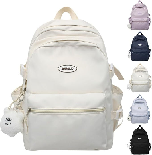 Kawaii Backpack with Cute Accessories Casual Aesthetic Daypack Simple Laptop Bag Waterproof Travel Rucksack for Women (white)