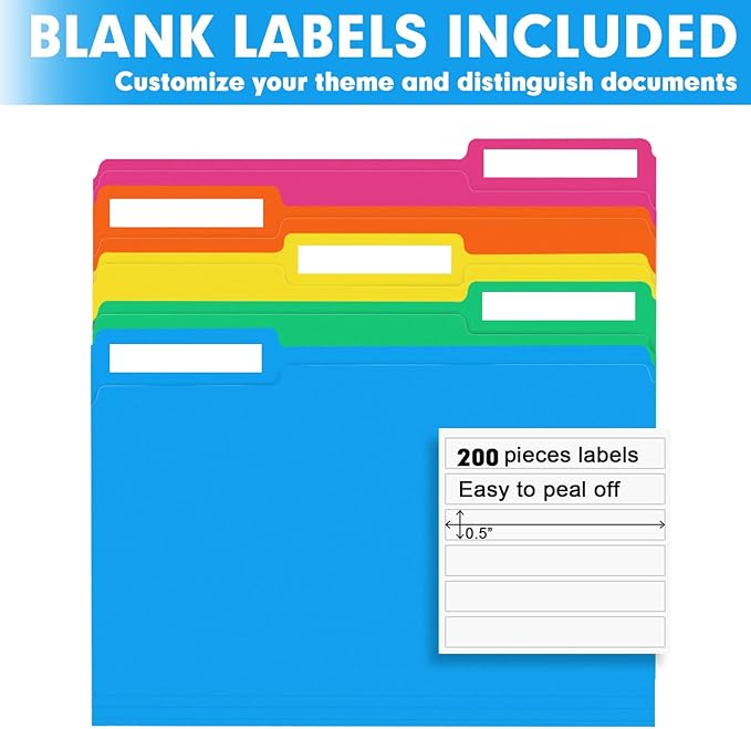File Folder, RAZCC 200 Pack 1/3 Cut Tab Colored Folders, Colored File Folder Letter Size for Office Classroom Use, Folders with Tabs Assorted 5 Colors