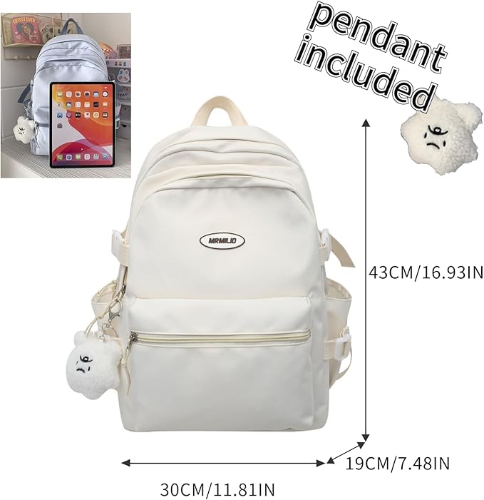 Kawaii Backpack with Cute Accessories Casual Aesthetic Daypack Simple Laptop Bag Waterproof Travel Rucksack for Women (white)