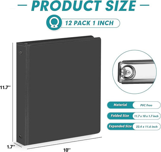3 Ring Binder 1 Inch, PANDRI 12 Pack 1-Inch Binder Fits Letter Size 8.5'' x 11'' Paper, Versatile Binders for Office Home School, 2 Pockets, Black