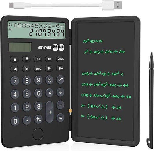 NEWYES Portable Calculator with Notepad, 2-Line 12-Digits Large Display, Rechargeable Solar Power Desk Calculator for Office School Students (Black)