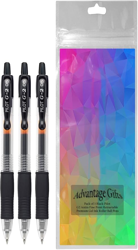 G2 Retractable Premium Gel Ink Roller Ball Pens Extra Fine Point (.5mm) Black Ink 3 pack; Refillable & Premium Comfort Grip Bundle with Plastic Reusable Pouch