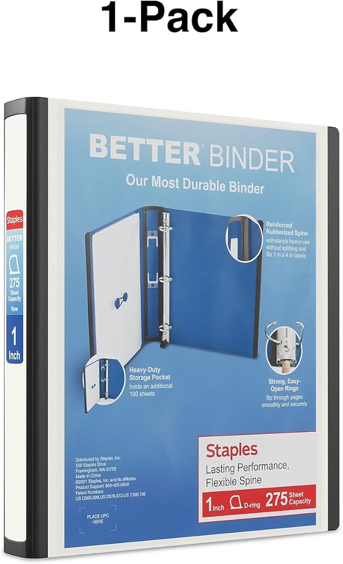 1" STAPLES Better View Binder with D-Rings, White