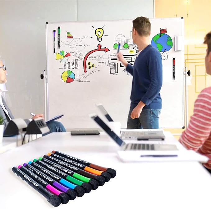 Magnetic Dry Erase Markers Fine: 12 Colors Erasable Whiteboard Markers Fine Point with Eraser Cap, Low Odor White Board Dry Erase Pens Fine Tip for Kids & Teachers, Home, Office and School Supplies