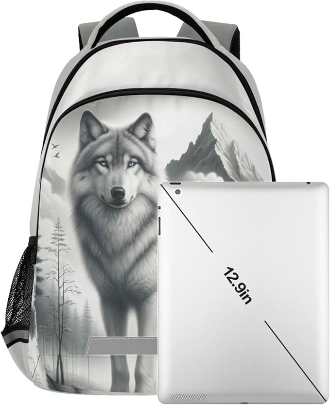 Wolf Backpack for Students Boys Girls Gray Wolf Portrait School Bag Travel Daypack Rucksack