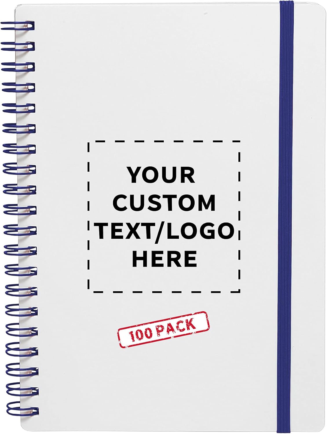 100 White Spiral Notebooks with Elastic Band Pack - Customizable Text, Logo - 80 lined pages, Recycled - Blue
