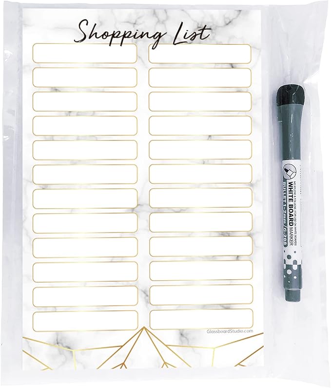 Dry Erase Shopping List Vinyl Sticker Decal Whiteboard by Glassboard Studio | Removable & Reusable | Magnetic Fine-Tip Marker Included (6 x 9 inches, Marble)