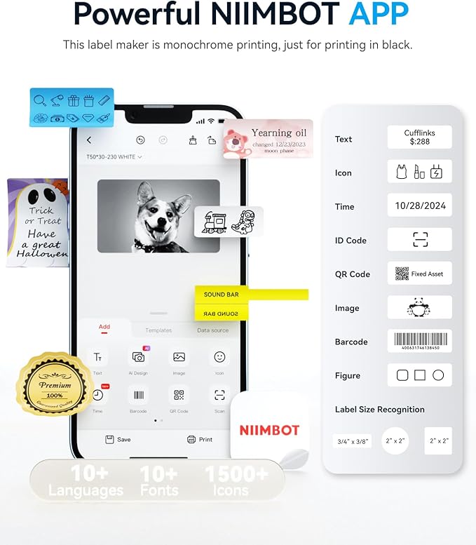 NIIMBOT B1 Label Maker Machine with Tape, Label Printer with 3 Rolls Stickers, 50x30mm/50x80mm White Label /50x50 Round Paper for Office Supplies, Home, Business