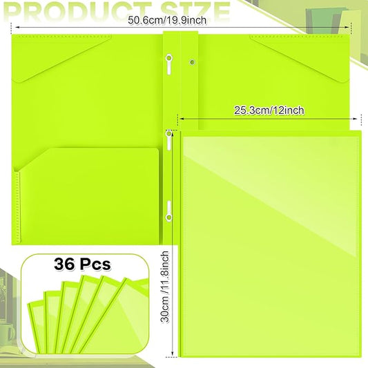Henoyso 36 Pcs Plastic Folder with Clear Front Pocket and 3 Prong Plastic Folders with Card Slot Pocket Folders with Prongs for School Office (Fluorescent Green)
