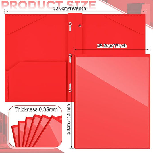 Henoyso 18 Pcs Plastic Folder with Clear Front Pocket and 3 Prong Plastic Folders with Card Slot Pocket Folders with Prongs for School Office (Red)
