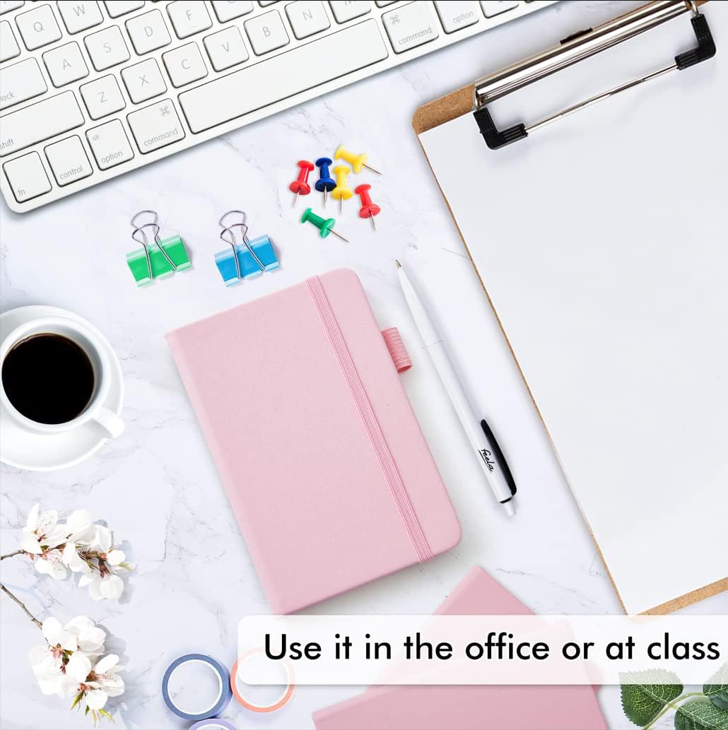 feela 3 Pack Pocket Small Notebook Journals, Mini Cute Memo Notepad Hardcover College Ruled Lined Journals with Pen Holder for Women Girls Office School, with 3 Black Pens, 3.5”x 5.5”, A6, Rose Pink