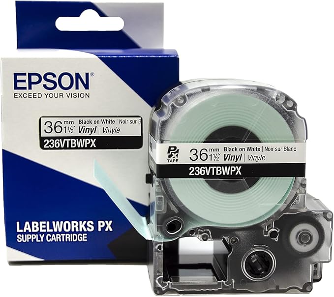 Epson LABELWORKS 236VTBWPX Genuine Tape Cartridge - Black on White Flexible and Durable Vinyl Industrial Label Maker Tape - 1.5" (36MM) Wide, 22.9 ft
