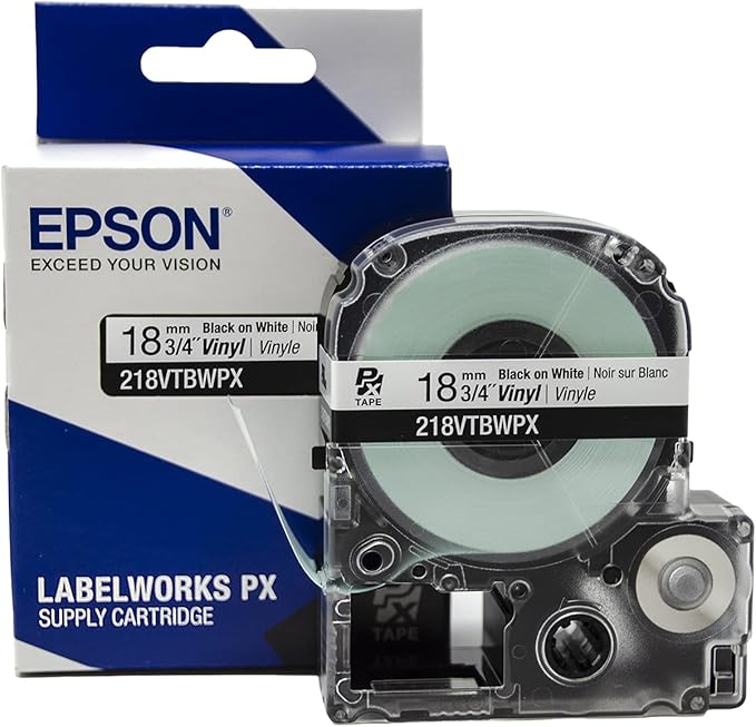 Epson LABELWORKS 218VTBWPX Genuine Tape Cartridge - Black on White Flexible and Durable Vinyl Industrial Label Maker Tape - 3/4" (18MM) Wide, 22.9 ft