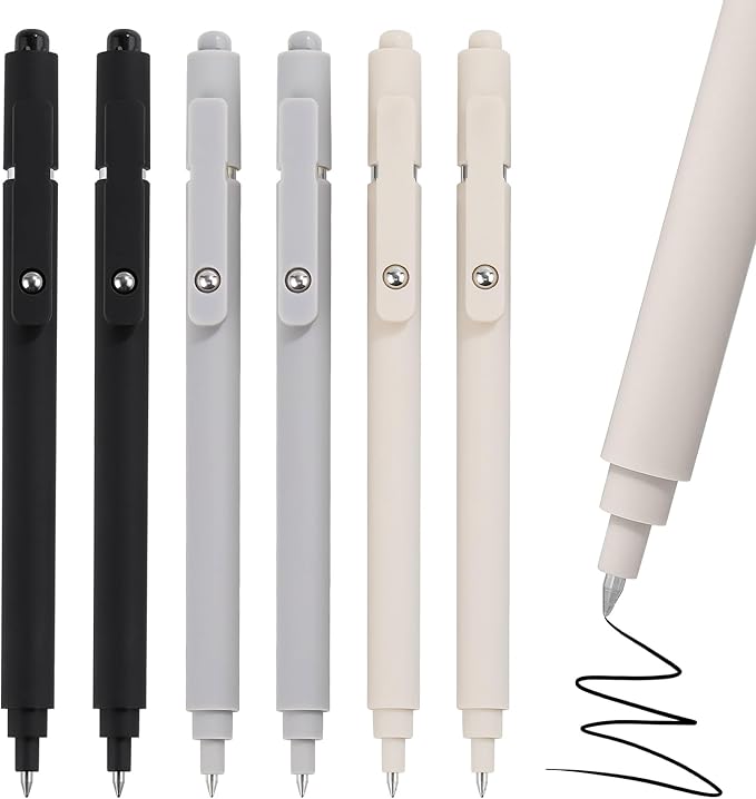 RIANCY Gel Pens 0.5mm Black Ink Ballpoint Aesthetic Beige Black Gray White Fine Point Writing Pretty Pen Cute Fancy Desk Accessories for Women Men Nurse Journaling Note Office School Supplies 6Pcs