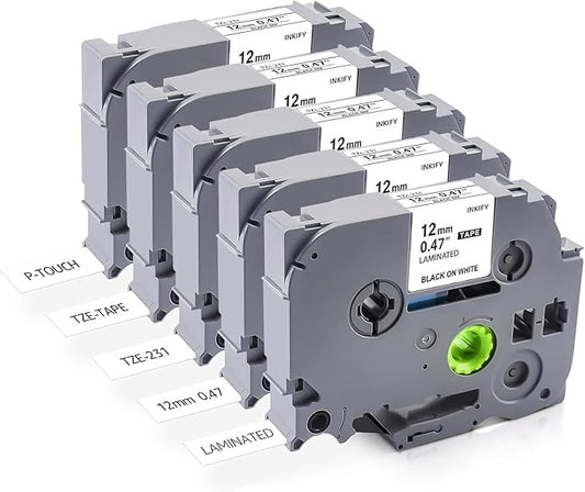 Replacement for Brother P Touch Label Maker Tape TZe-231 TZe231 TZe TZ Tape 12mm 1/2 Inch P Touch Label Make Refills, Black on White Use for Brother Label Maker PT-2040 PTD210 PTD400AD (5)