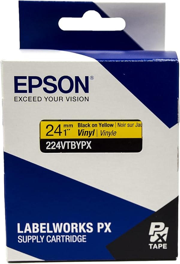 Epson LABELWORKS 224VTBYPX Genuine Tape Cartridge - Black on Yellow Flexible and Durable Vinyl Industrial Label Maker Tape - 1" (24MM) Wide, 22.9 ft