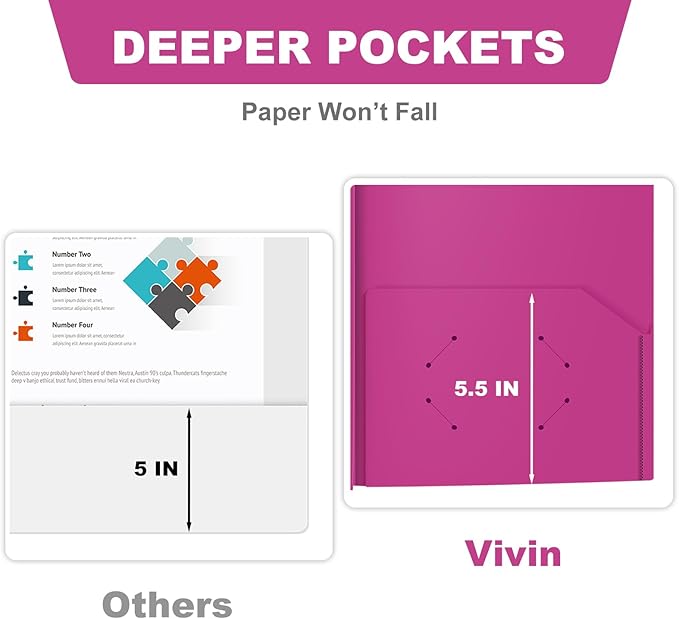 ViVin Sturdy Plastic Folders with Pockets and Prongs,12-Pack, 3-Prong Fasteners Folders with 2 Pockets, Holds US Letter Size Paper, for School/Office/Home (Purple)