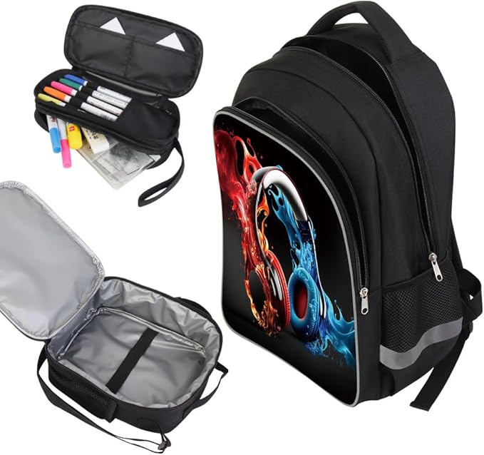 3 Pcs Kids Backpack, 3D Reflective Cartoon, 600D Polyester & Dual Zippers, 17" Bookbag with Ergonomic Design for boys & girls age 6-18, Headphone Space Style for school Children Kids