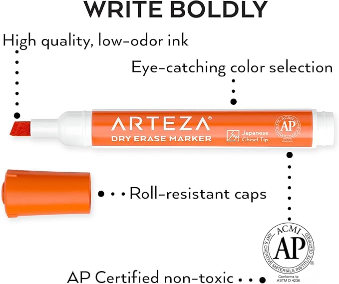 ARTEZA Dry Erase Markers Pack of 53, Chisel Tip, 12 Assorted Colors with Low-Odor Ink, Whiteboard Pens